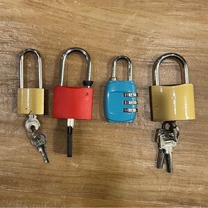 4 Vintage Padlocks, 3 With Keys, 1 Combo Lock, (2 Gold, 1 Blue, 1 Red), All Work